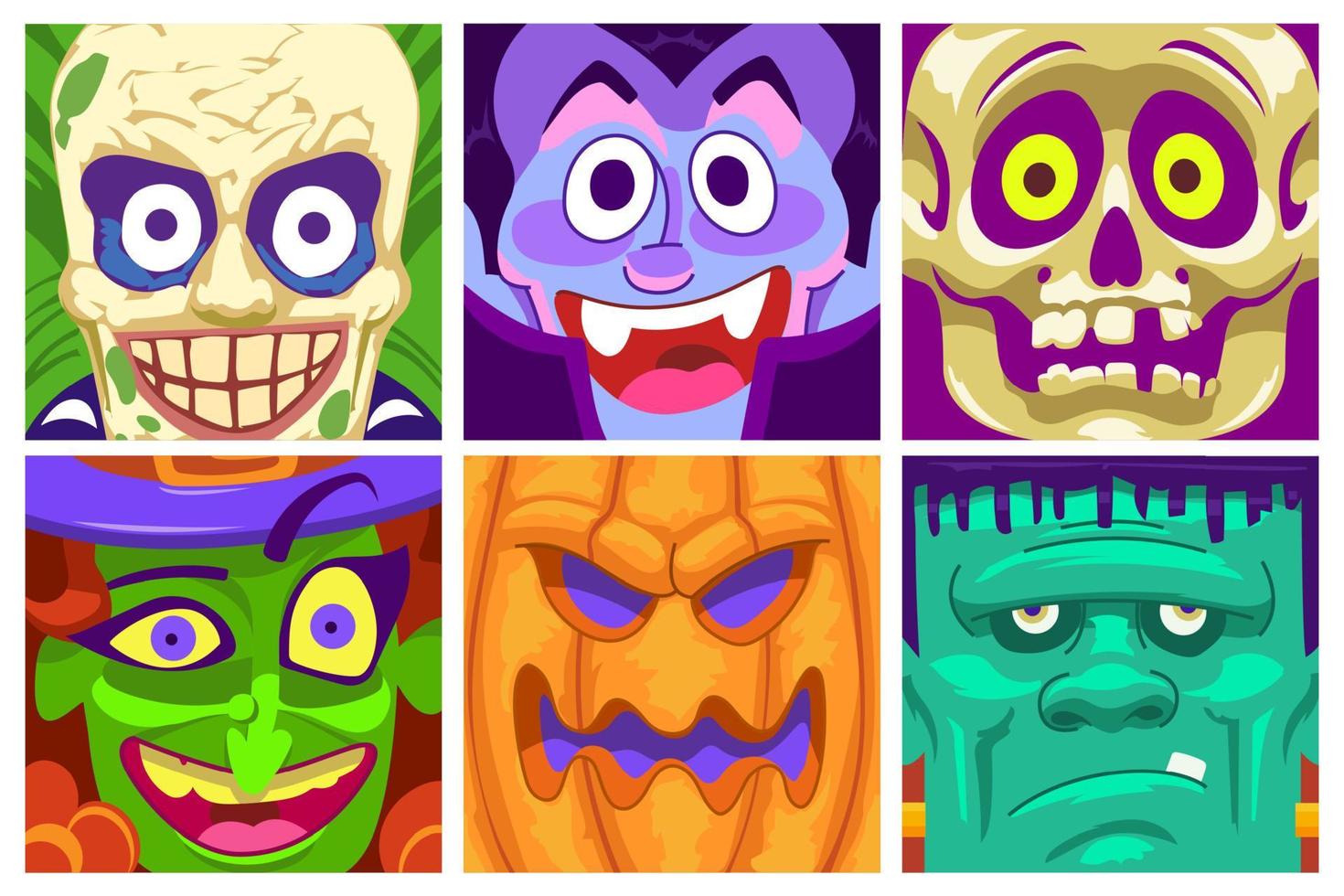 conjunto de máscaras de halloween de diferentes personajes en estilo de dibujos animados para impresión y decoración. ilustración vectorial. vector