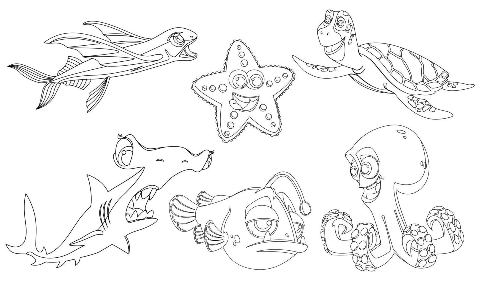 A set of underwater inhabitants in a linear style for printing and coloring. Vector illustration.
