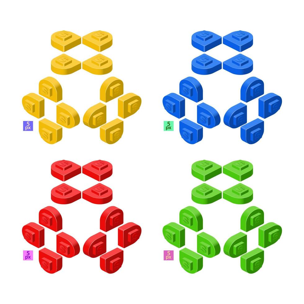 3d set of colored constructor kit in isometry. Rounded small modules. Vector illustration.