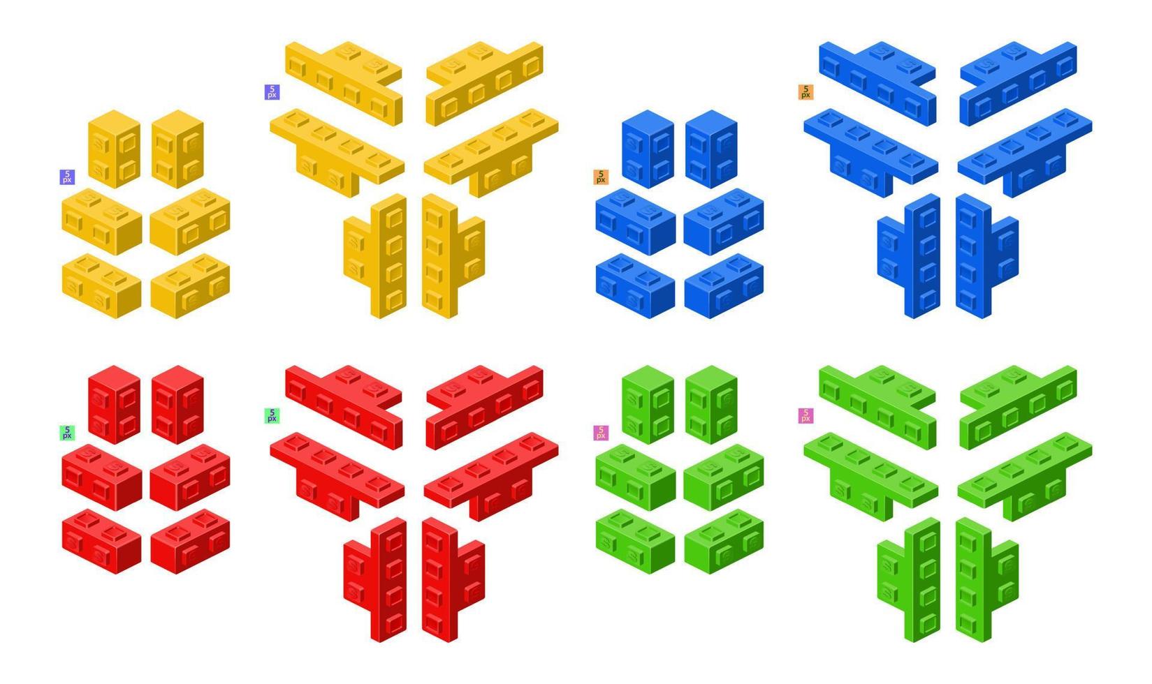 3d set of colored constructor kit in isometry. Corner elements. Vector illustration.