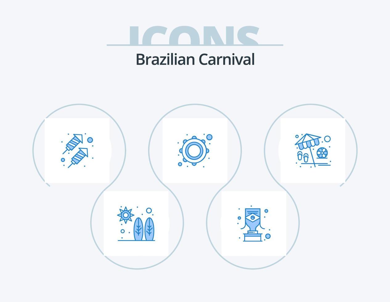 Diseño de iconos del paquete de iconos azules del carnaval brasileño 5. vacaciones. playa. cohete. pandereta. música vector