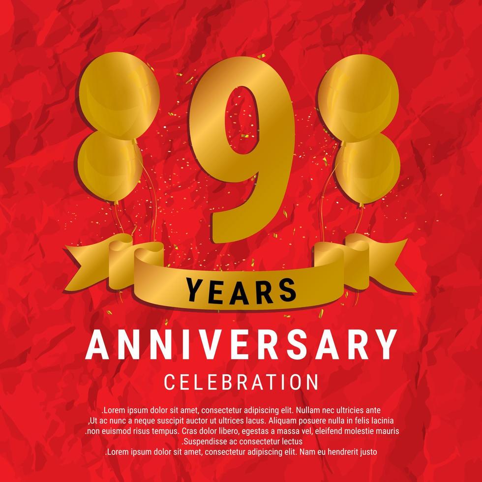 9 Years Anniversary celebration. Luxury happy birthday card background with elements balloons and ribbon with glitter effects. Abstract Red with Confetti and Golden Ribbon. Vector Illustration EPS10