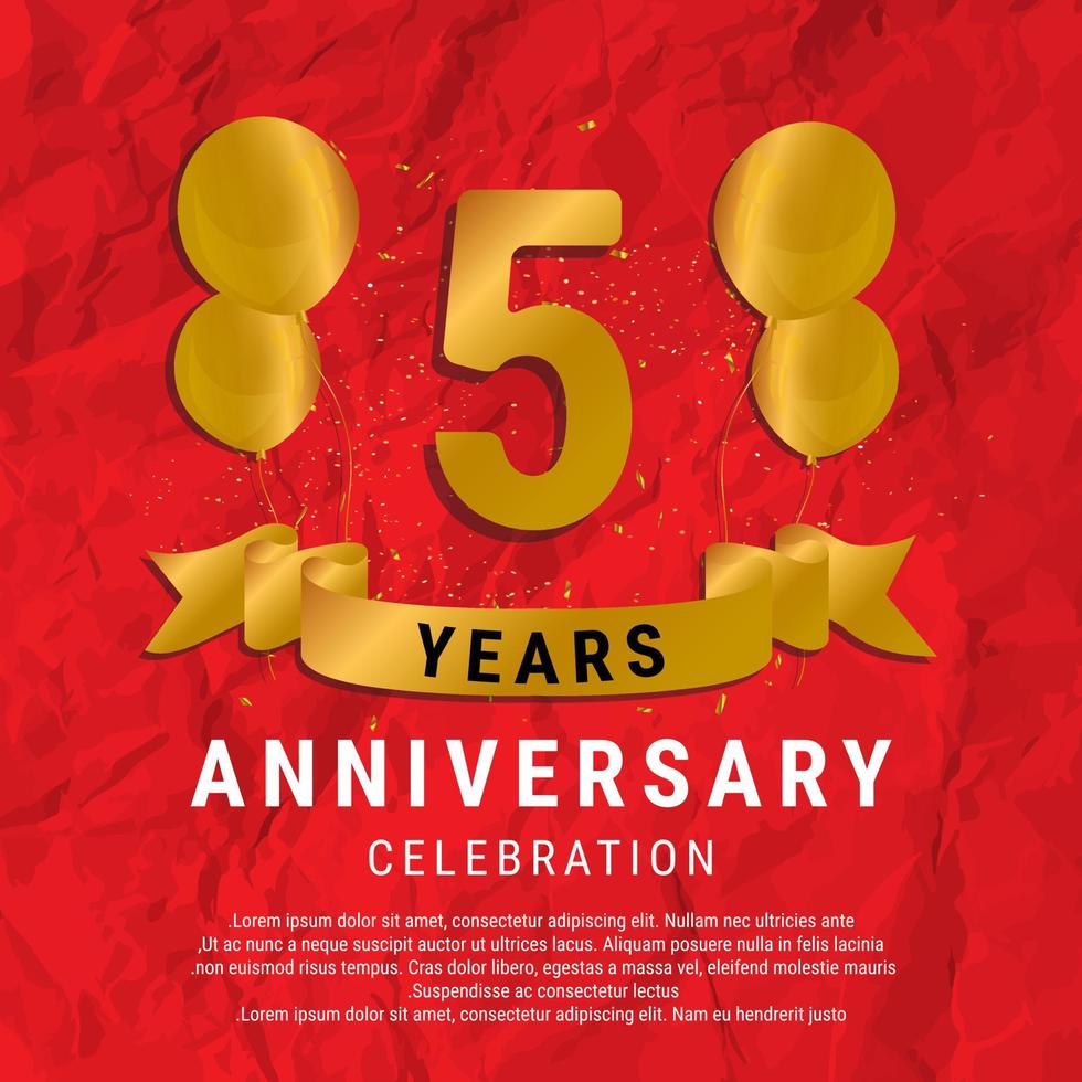 5 Years Anniversary celebration. Luxury happy birthday card background with elements balloons and ribbon with glitter effects. Abstract Red with Confetti and Golden Ribbon. Vector Illustration EPS10