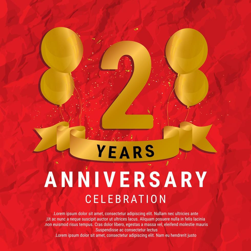 2 Years Anniversary celebration. Luxury happy birthday card background with elements balloons and ribbon with glitter effects. Abstract Red with Confetti and Golden Ribbon. Vector Illustration EPS10