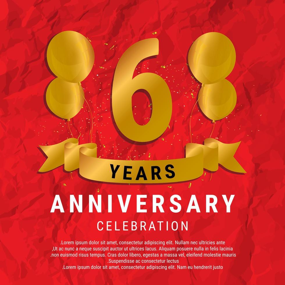 6 Years Anniversary celebration. Luxury happy birthday card background with elements balloons and ribbon with glitter effects. Abstract Red with Confetti and Golden Ribbon. Vector Illustration EPS10