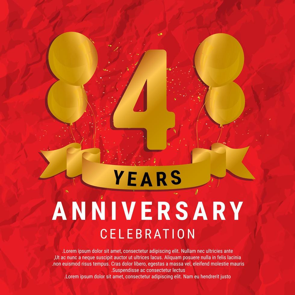 4 Years Anniversary celebration. Luxury happy birthday card background with elements balloons and ribbon with glitter effects. Abstract Red with Confetti and Golden Ribbon. Vector Illustration EPS10