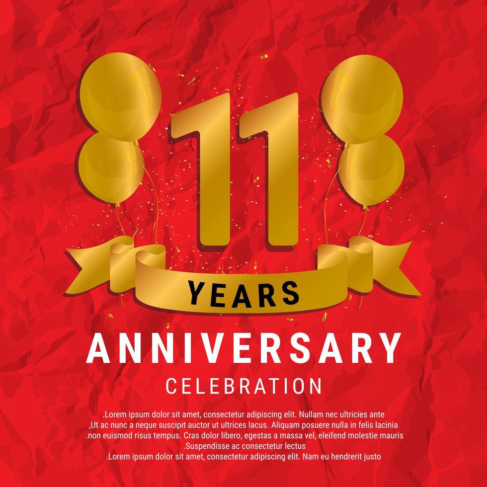 11 Years Anniversary celebration. Luxury happy birthday card background with elements balloons and ribbon with glitter effects. Abstract Red with Confetti and Golden Ribbon. Vector Illustration EPS10