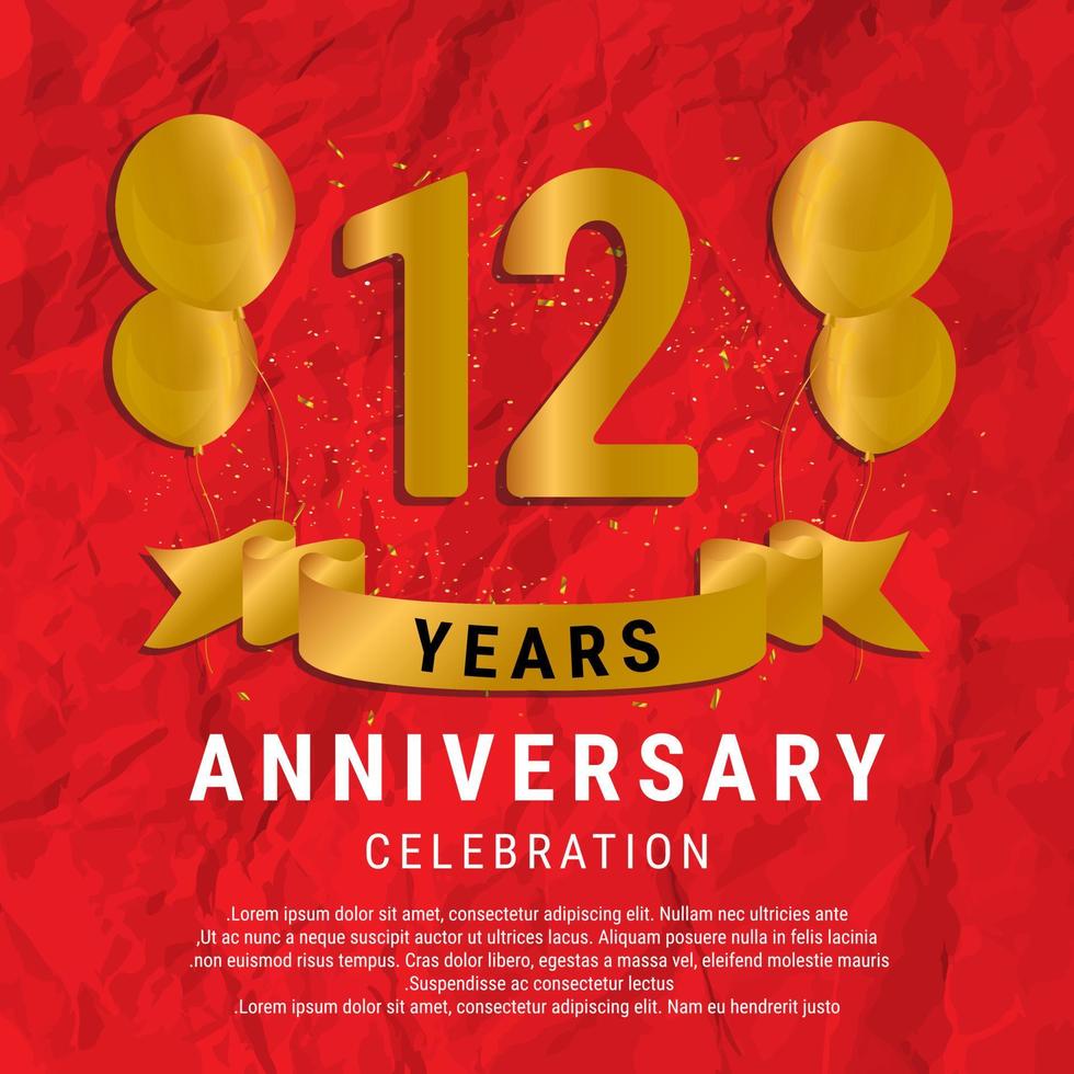 12 Years Anniversary celebration. Luxury happy birthday card background with elements balloons and ribbon with glitter effects. Abstract Red with Confetti and Golden Ribbon. Vector Illustration EPS10