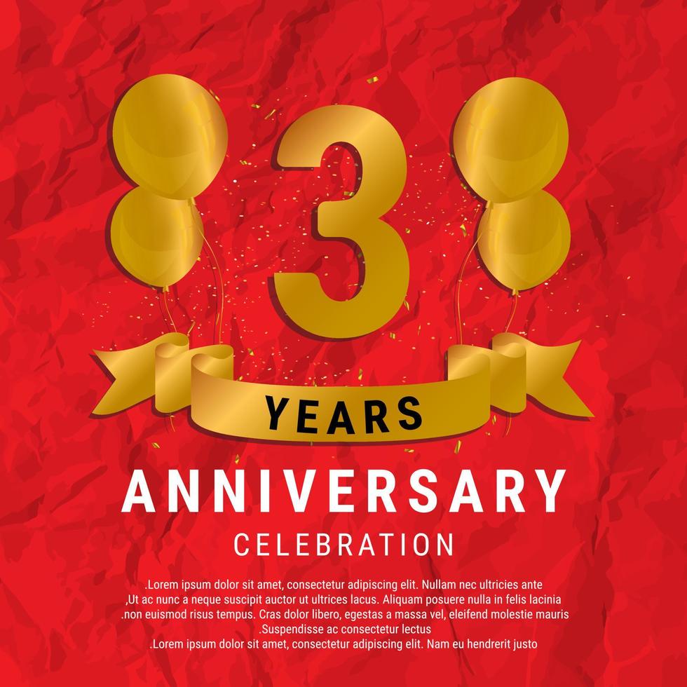 3 Years Anniversary celebration. Luxury happy birthday card background with elements balloons and ribbon with glitter effects. Abstract Red with Confetti and Golden Ribbon. Vector Illustration EPS10