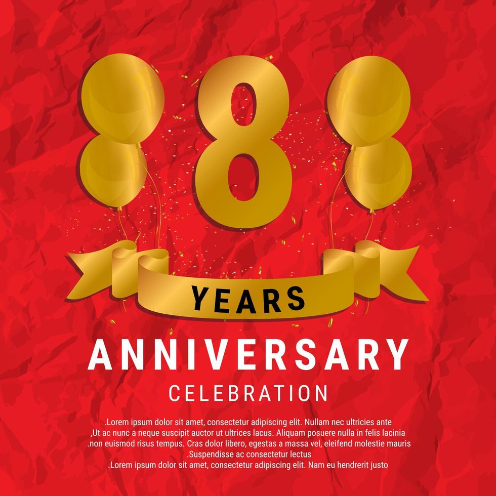 8 Years Anniversary celebration. Luxury happy birthday card background with elements balloons and ribbon with glitter effects. Abstract Red with Confetti and Golden Ribbon. Vector Illustration EPS10