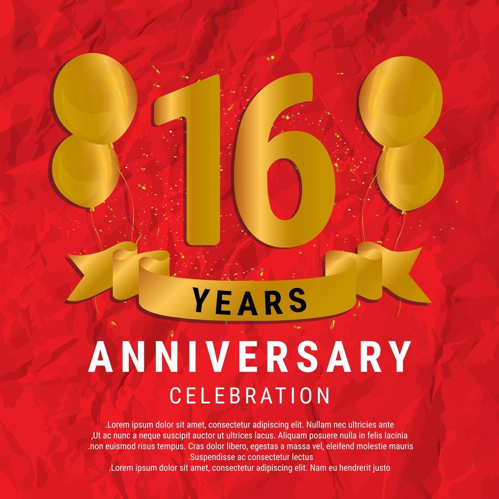 16 Years Anniversary celebration. Luxury happy birthday card background with elements balloons and ribbon with glitter effects. Abstract Red with Confetti and Golden Ribbon. Vector Illustration EPS10