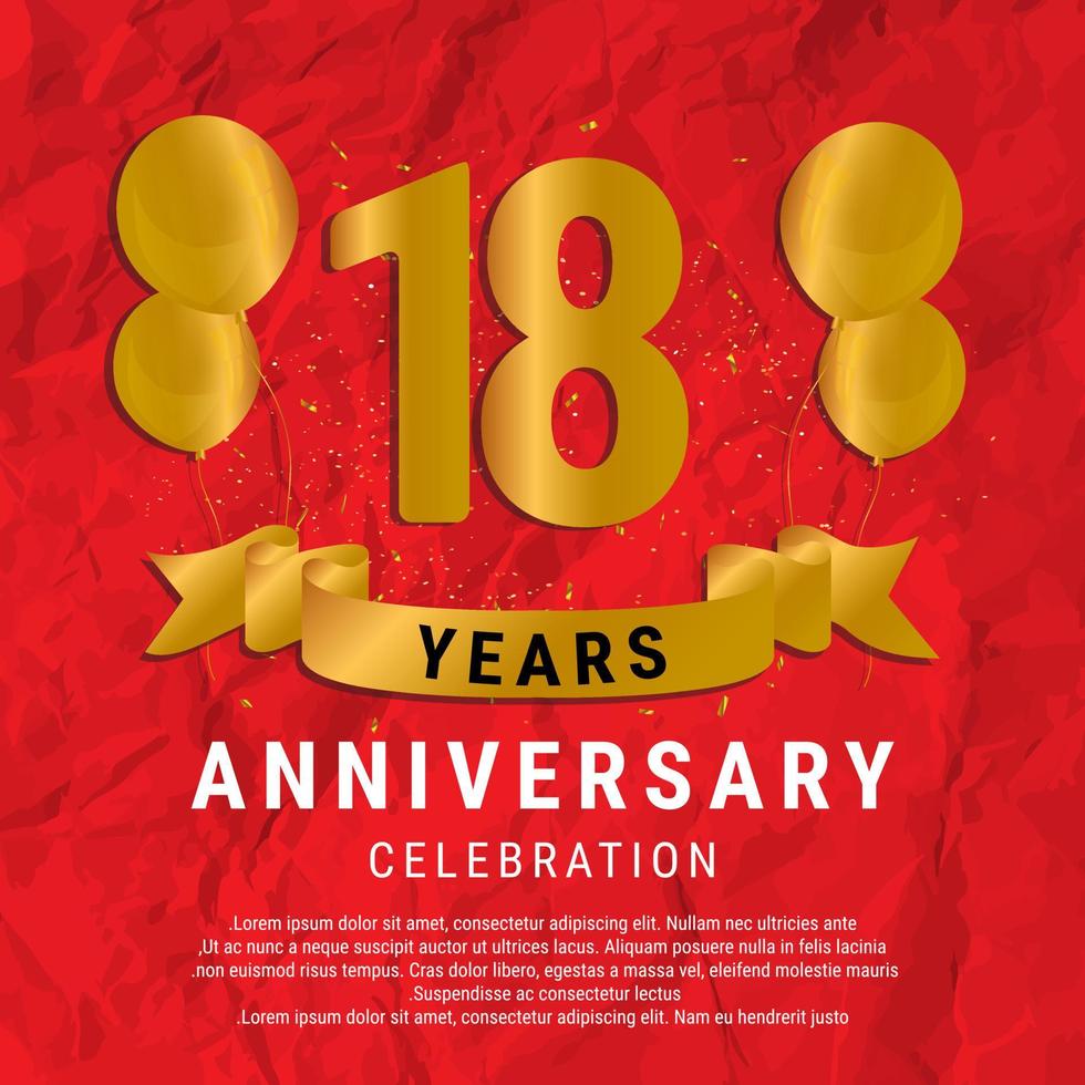 18 Years Anniversary celebration. Luxury happy birthday card background with elements balloons and ribbon with glitter effects. Abstract Red with Confetti and Golden Ribbon. Vector Illustration EPS10