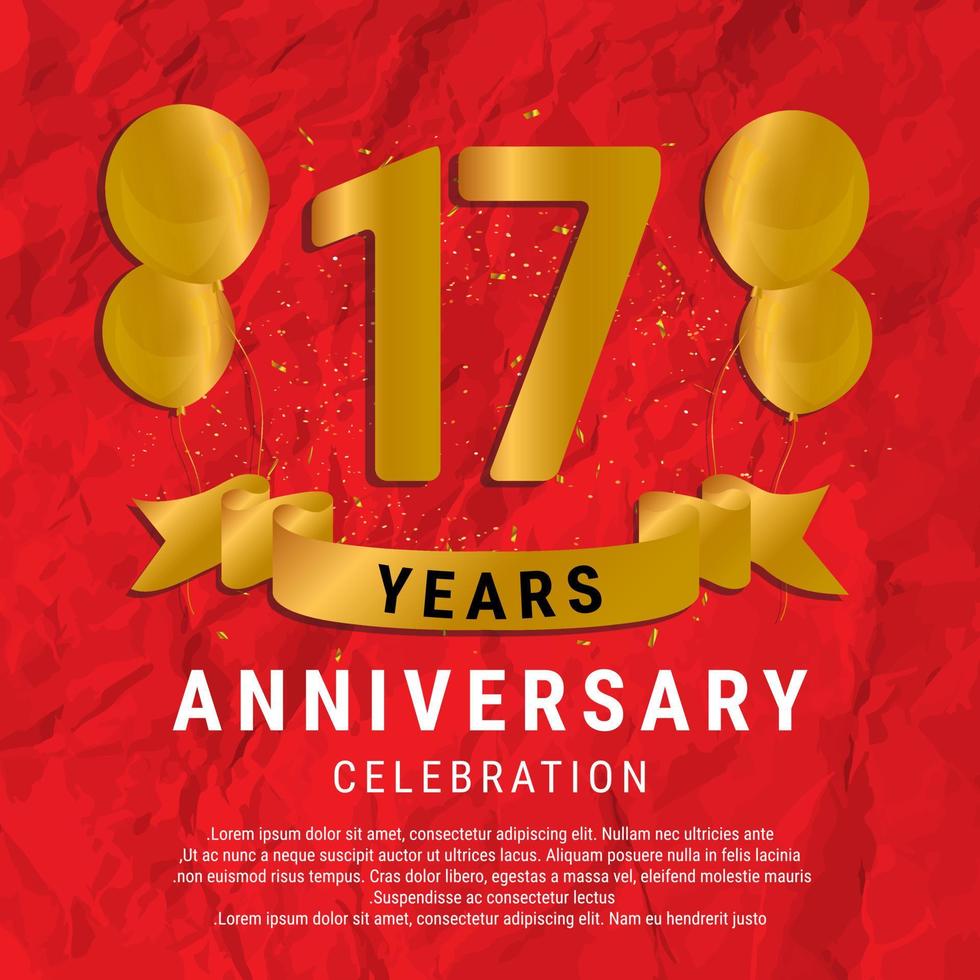 17 Years Anniversary celebration. Luxury happy birthday card background with elements balloons and ribbon with glitter effects. Abstract Red with Confetti and Golden Ribbon. Vector Illustration EPS10