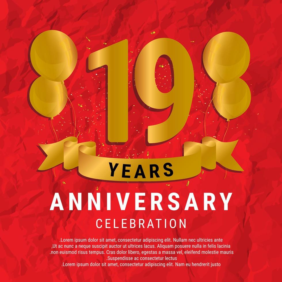 19 Years Anniversary celebration. Luxury happy birthday card background with elements balloons and ribbon with glitter effects. Abstract Red with Confetti and Golden Ribbon. Vector Illustration EPS10