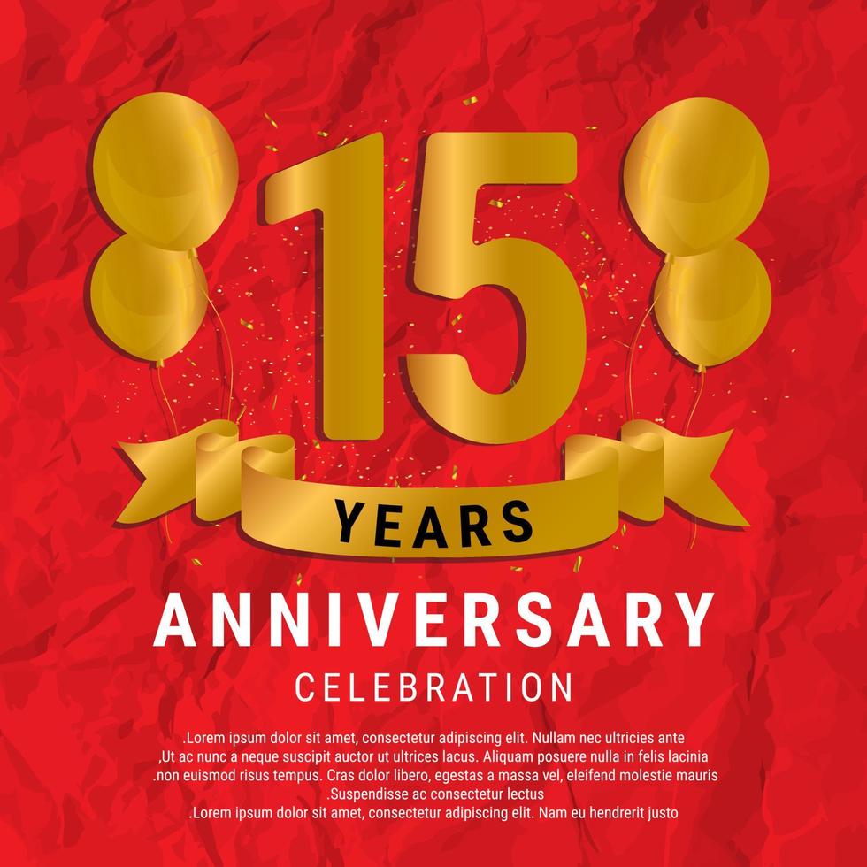 15 Years Anniversary celebration. Luxury happy birthday card background with elements balloons and ribbon with glitter effects. Abstract Red with Confetti and Golden Ribbon. Vector Illustration EPS10