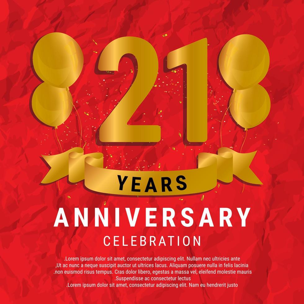 21 Years Anniversary celebration. Luxury happy birthday card background with elements balloons and ribbon with glitter effects. Abstract Red with Confetti and Golden Ribbon. Vector Illustration EPS10