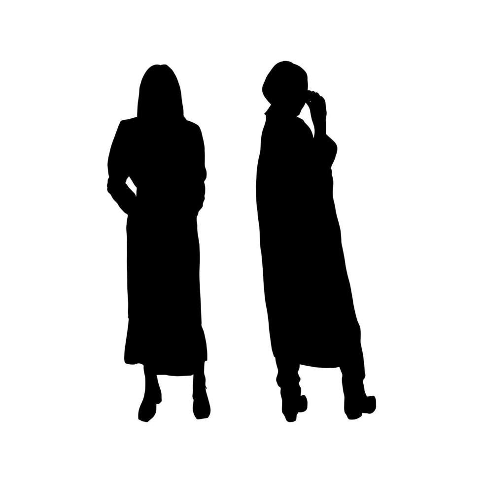 Set of black silhouettes of girls in trench coats for printing on T-shirts, mugs, bags, decor and design. Vector clipart.