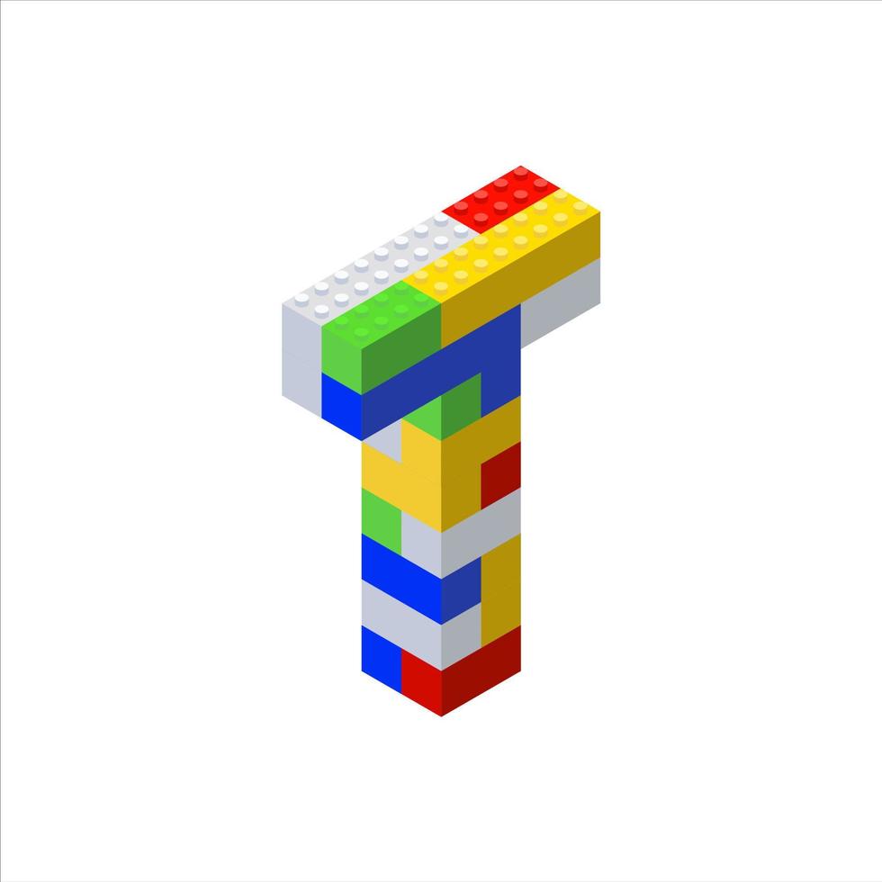 Isometric font made from color plastic blocks. The childrens designer. Letter T. Vector illustration