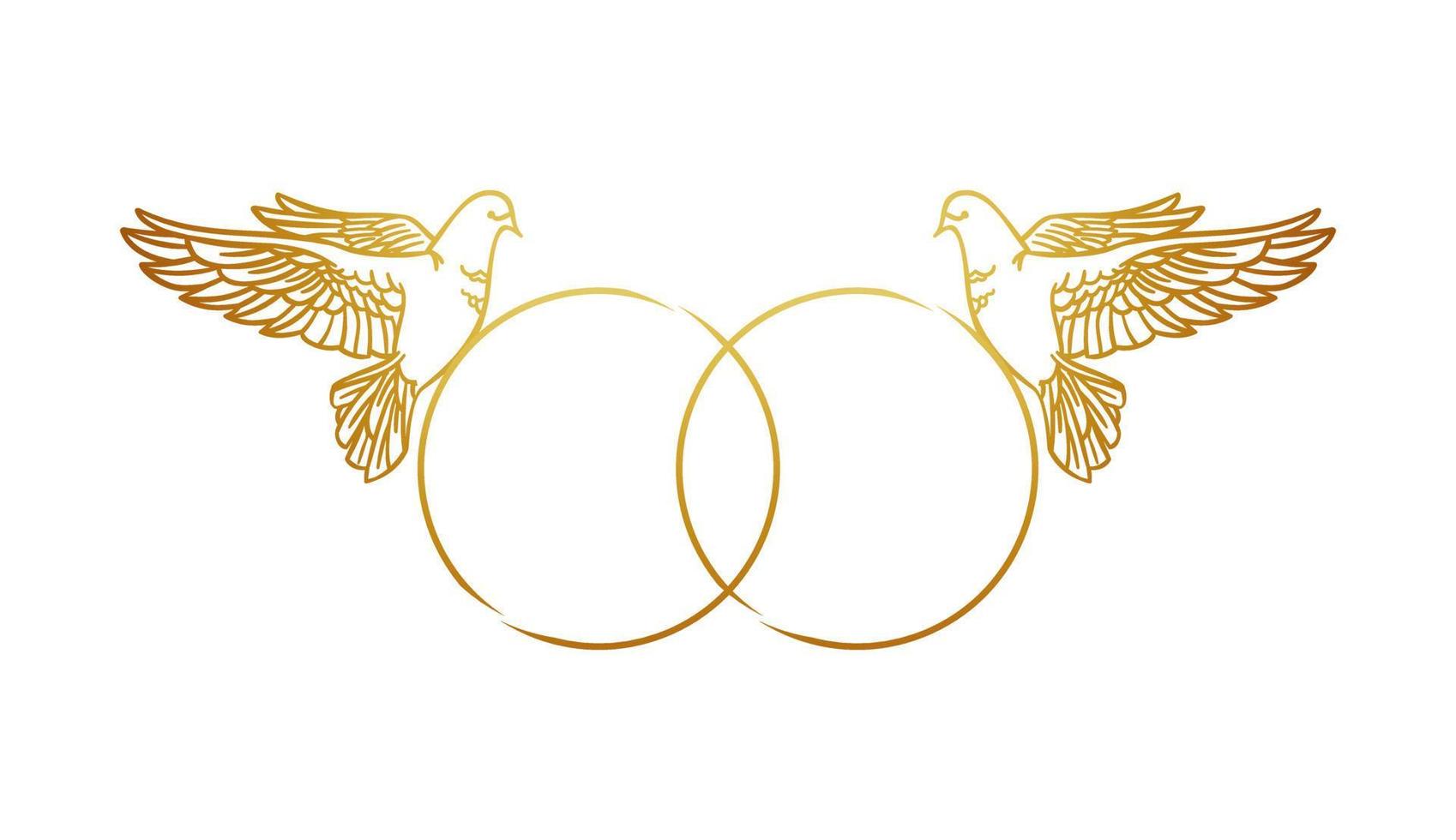 Template with wedding rings and doves for printing on cards, invitations, and wedding decoration. Vector illustration