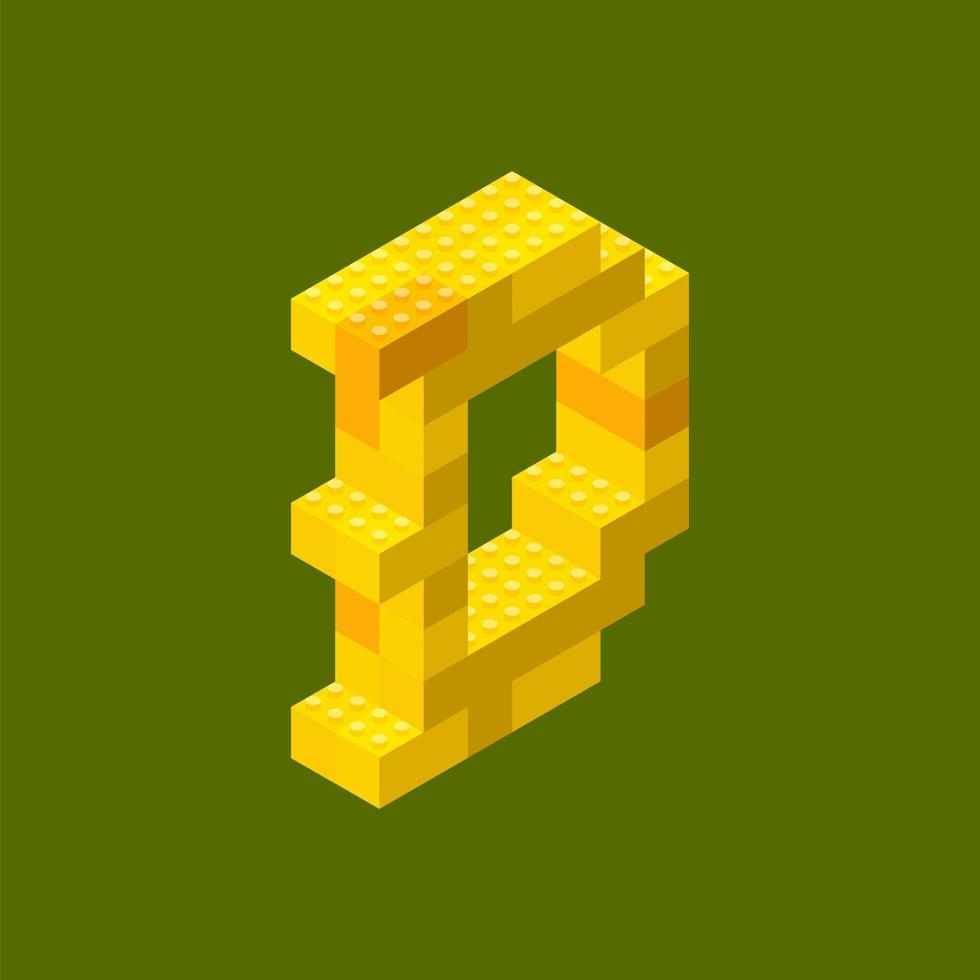 Dogecoin icon assembled from yellow plastic blocks on a green background in isometric style. For website design. Vector illustration.