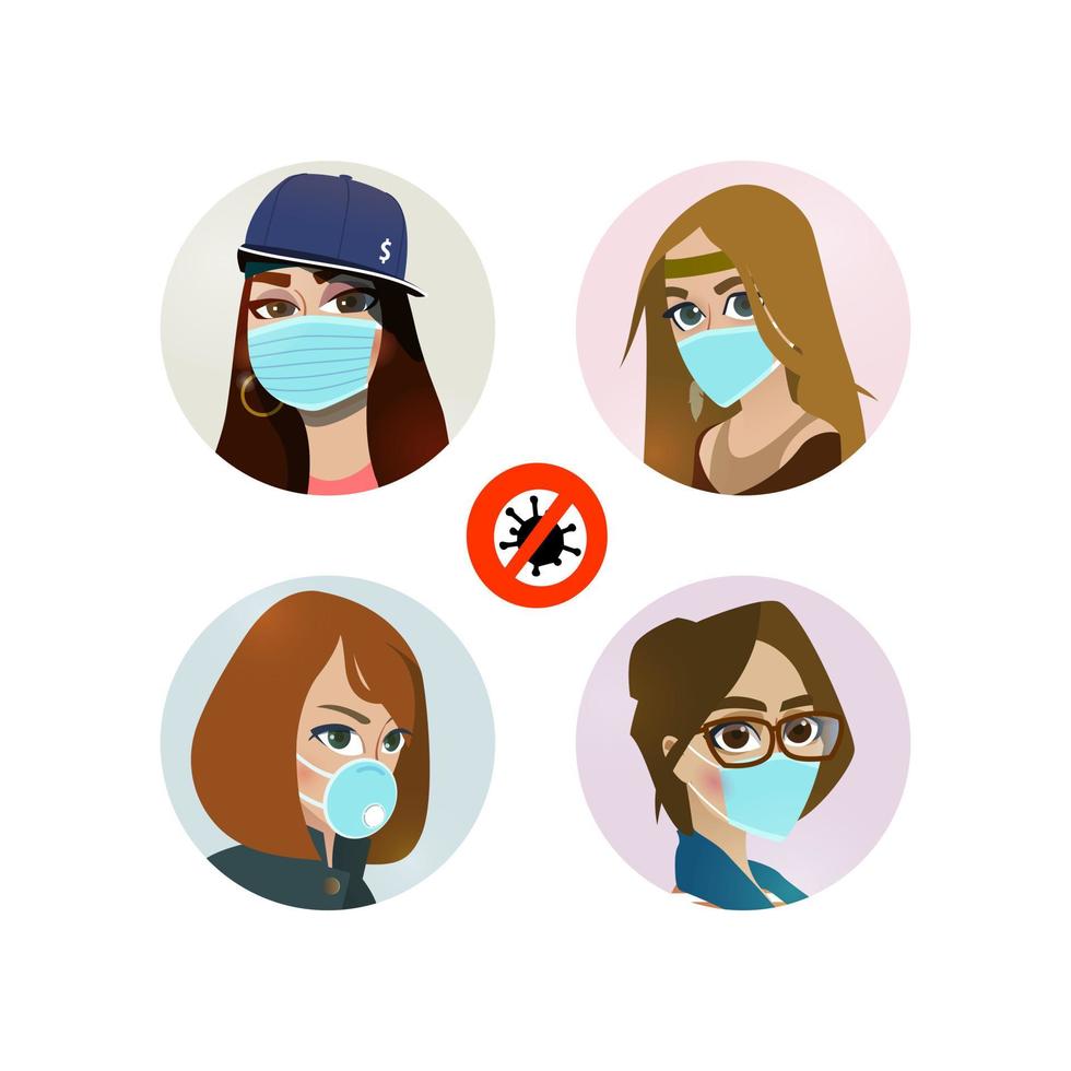 Set of girls in protective masks. vector