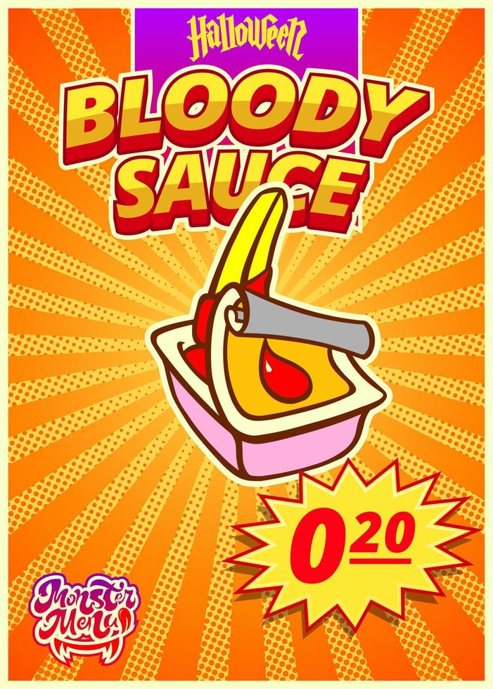 Menu monster with bloody sauce. A vertical banner with a price tag for a fast food cafe on Halloween day. Vector illustration.