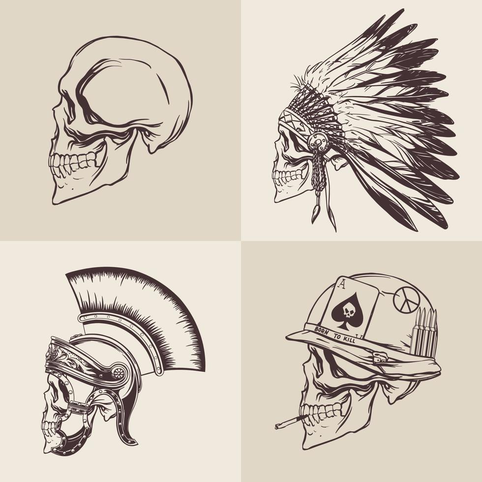 Set of drawn skulls of a gladiator, a soldier of the Vietnam War, a tribal leader on a beige background for printing. Vector illustration.