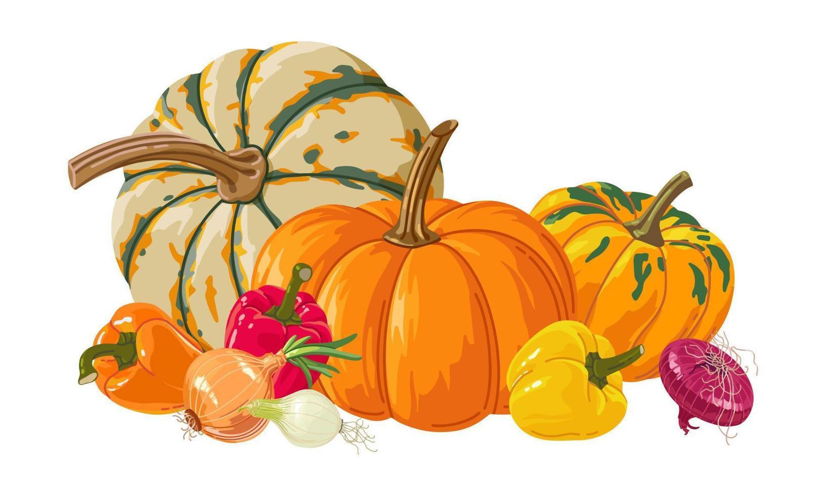 Bodegón de verduras de otoño, calabaza, pimiento y cebolla. ilustración vectorial vector