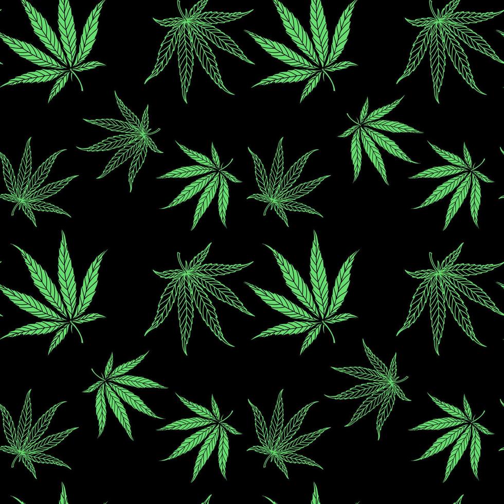 patrón de hojas de cannabis sobre fondo negro en estilo dibujado a mano para impresión y diseño.ilustración vectorial. vector