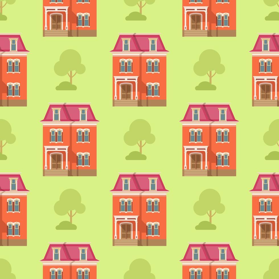 Pattern red house on a background of green grass. Vector clipart