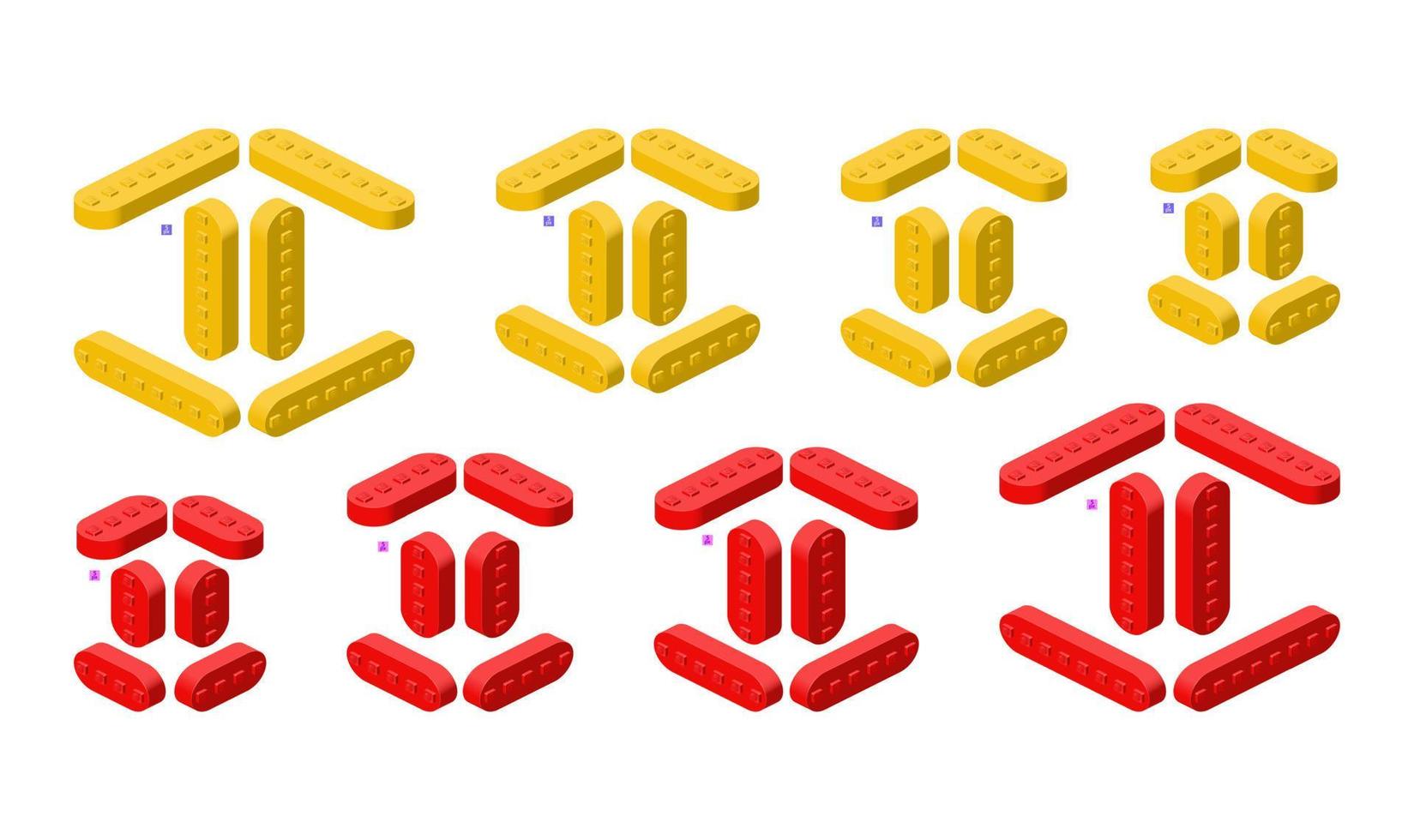 3d set of colored constructor kit in isometry. Rounded long bricks in different colors. Vector illustration.
