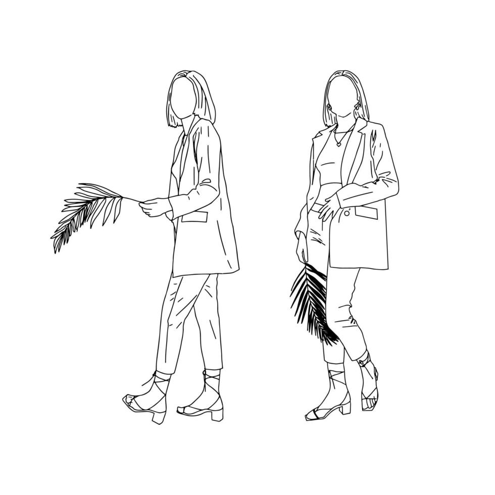 Linear drawing of business girls with palm branch.Vector illustration. vector