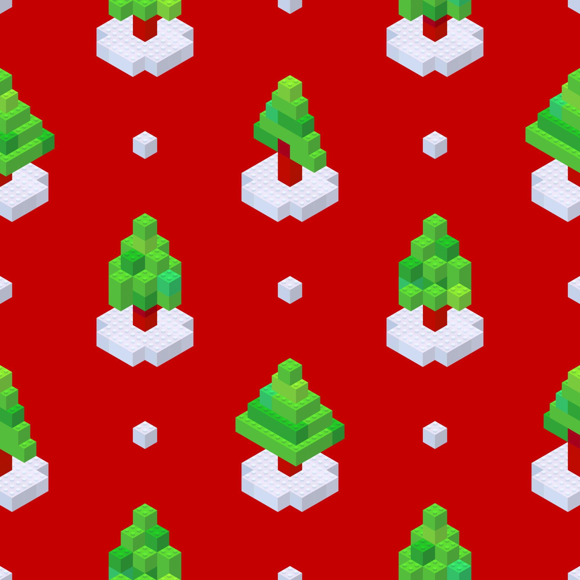 Pattern of Christmas trees collected from cubes on a red background in