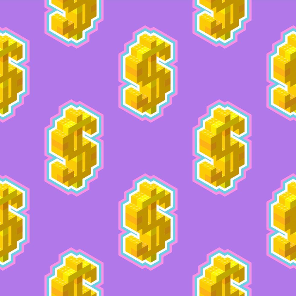 Gold dollar sign in isometric, seamless pattern on a purple background. Vector illustration for print or web. Zine pop art style