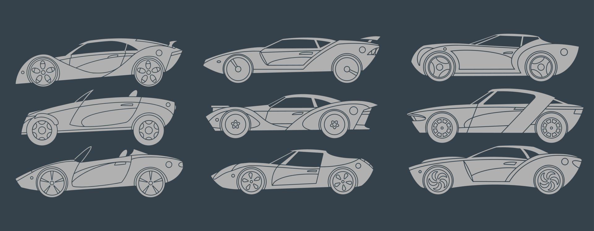 un conjunto de super coches. siluetas ligeras. ilustración de vector de vista lateral