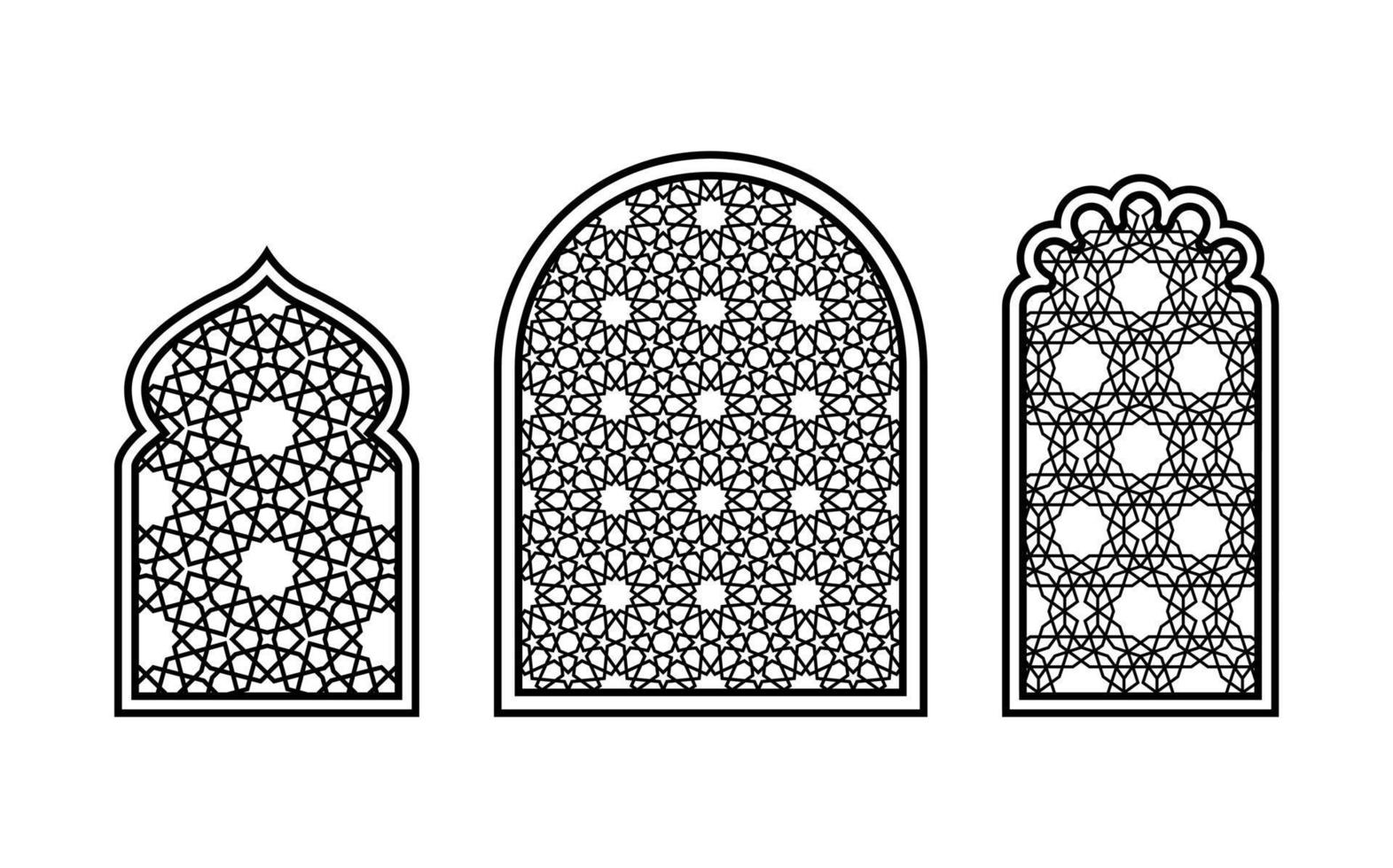 Oriental style windows with traditional Islamic geometric patterns. Silhouettes for carving on a white background. Vector illustration.