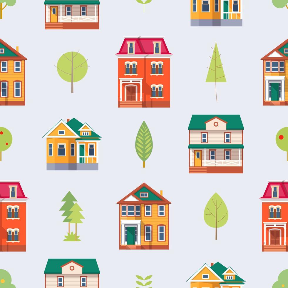 Pattern of houses with trees, a card for kids games. Vector illustration