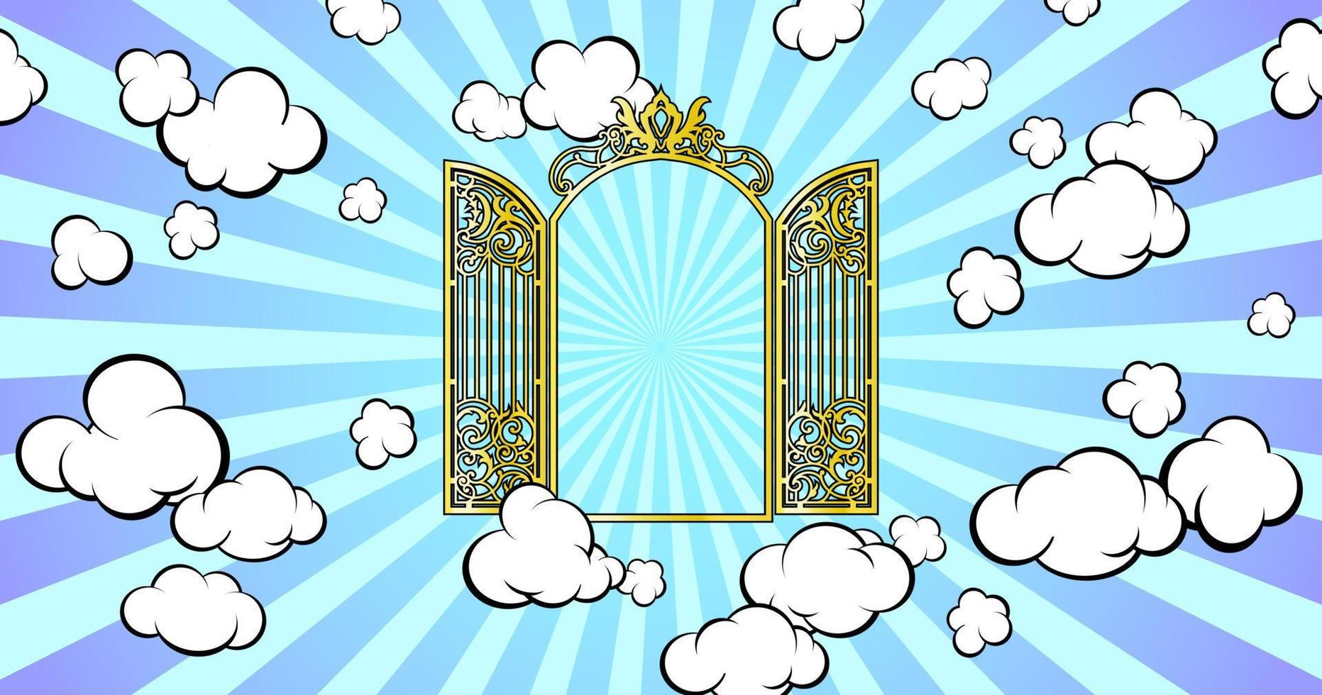 puerta de entrada al paraíso. brillando en el cielo. estilo de dibujos animados vector