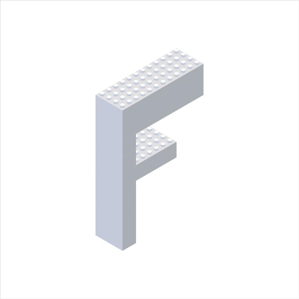 Isometric font made from color plastic blocks. The children s designer. Letter F. Vector illustration