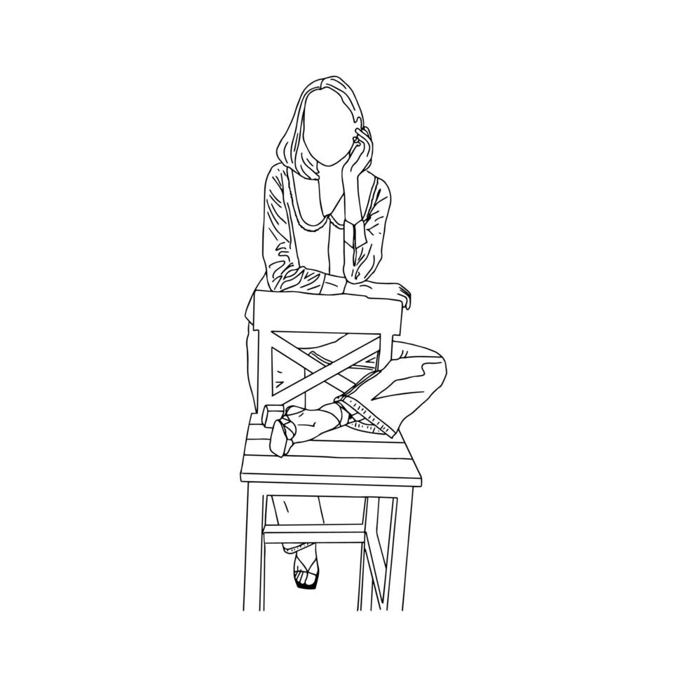 A romantic girl leaning on a chair drawn in a linear style. Vector illustration.