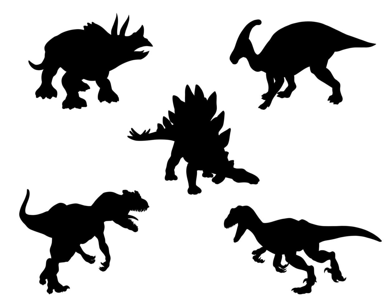 conjunto de siluetas negras de dinosaurios aislados en blanco. estegosaurio, alosaurus, raptor, triceratops, hadrosaurus, ilustración vectorial vector