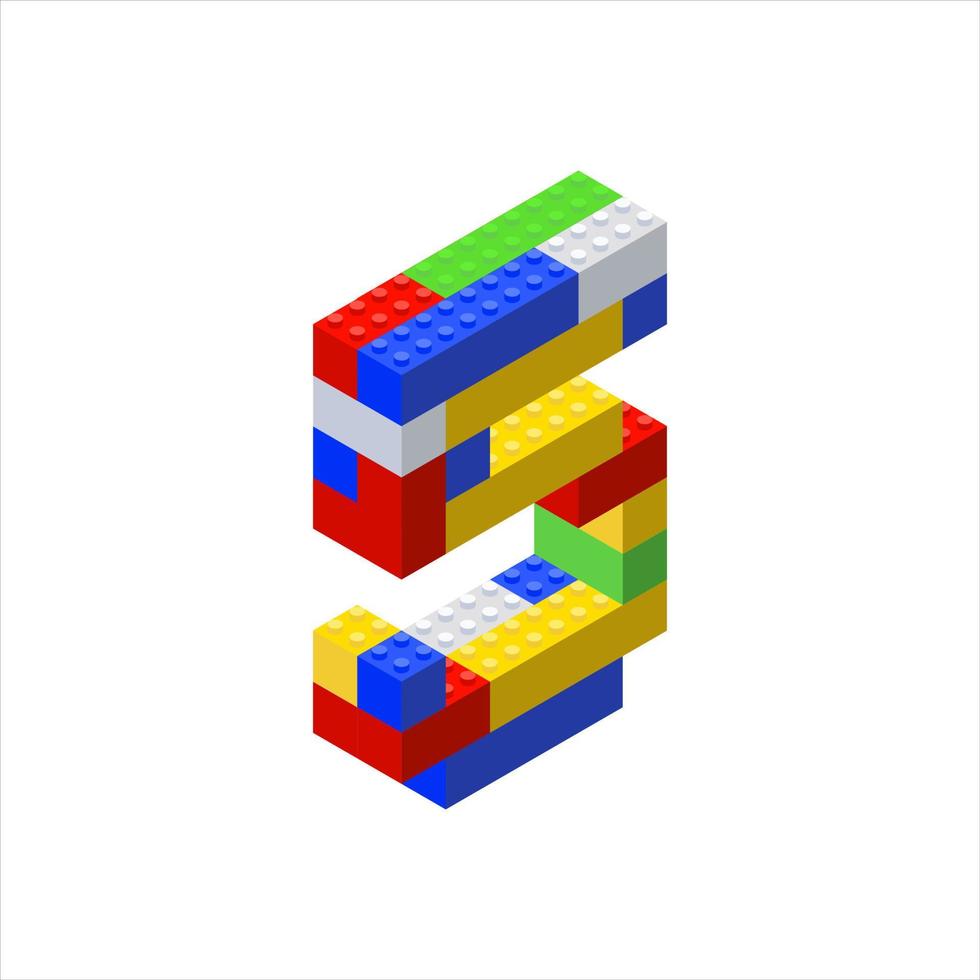 Isometric letter 5 assembled from plastic blocks. Vector illustration.