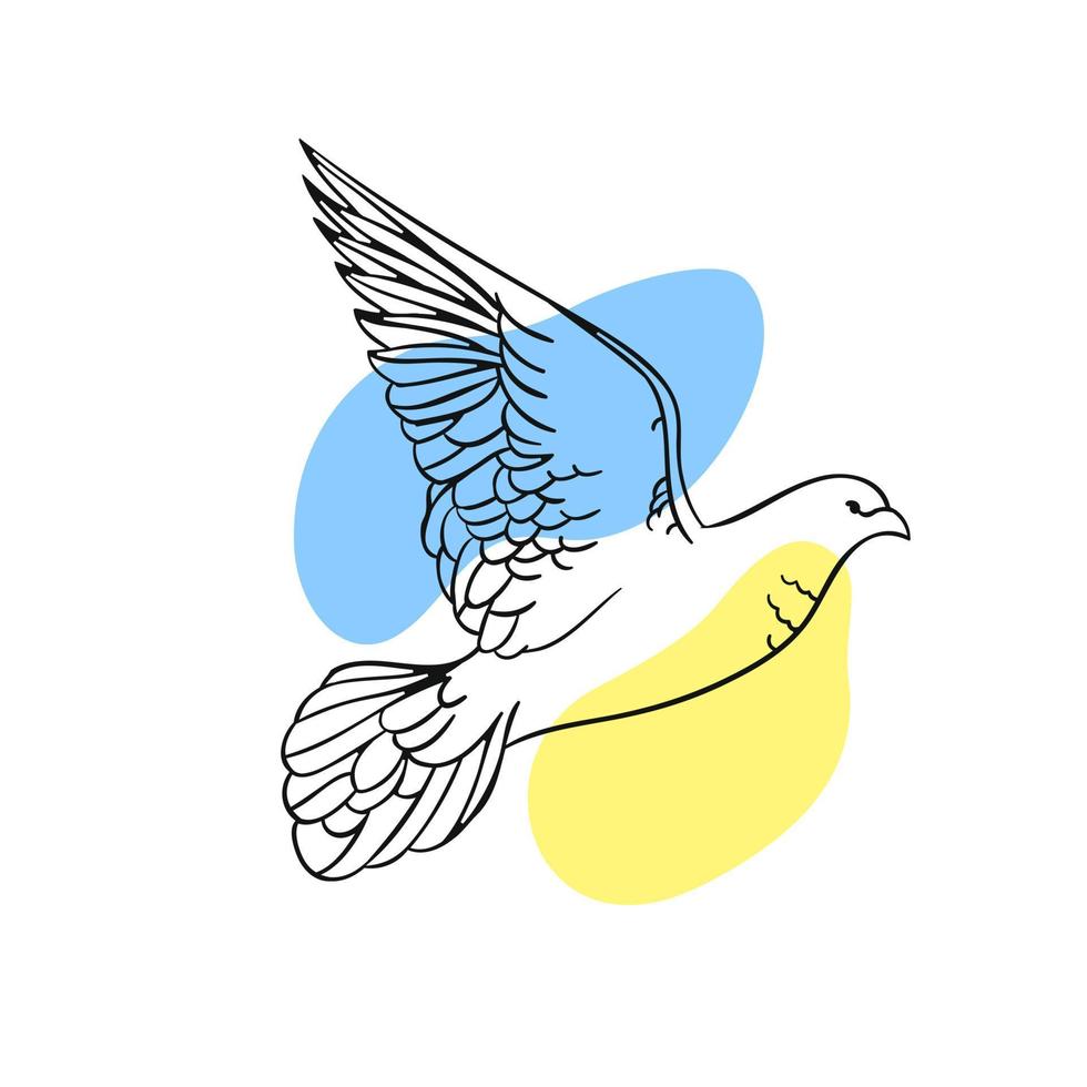 Idea for poster and signboard with dove of peace and flag of Ukraine in line art style. Vector illustration.