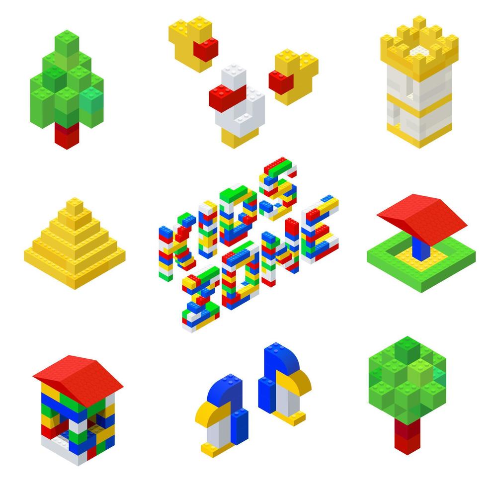 A set of figures for the children area from multi-colored plastic blocks in the isometric style for printing, games and education. Vector illustration.