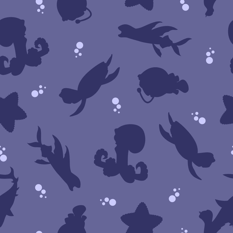 Pattern of marine animals and fish in silhouette style for print and design.Vector illustration. vector