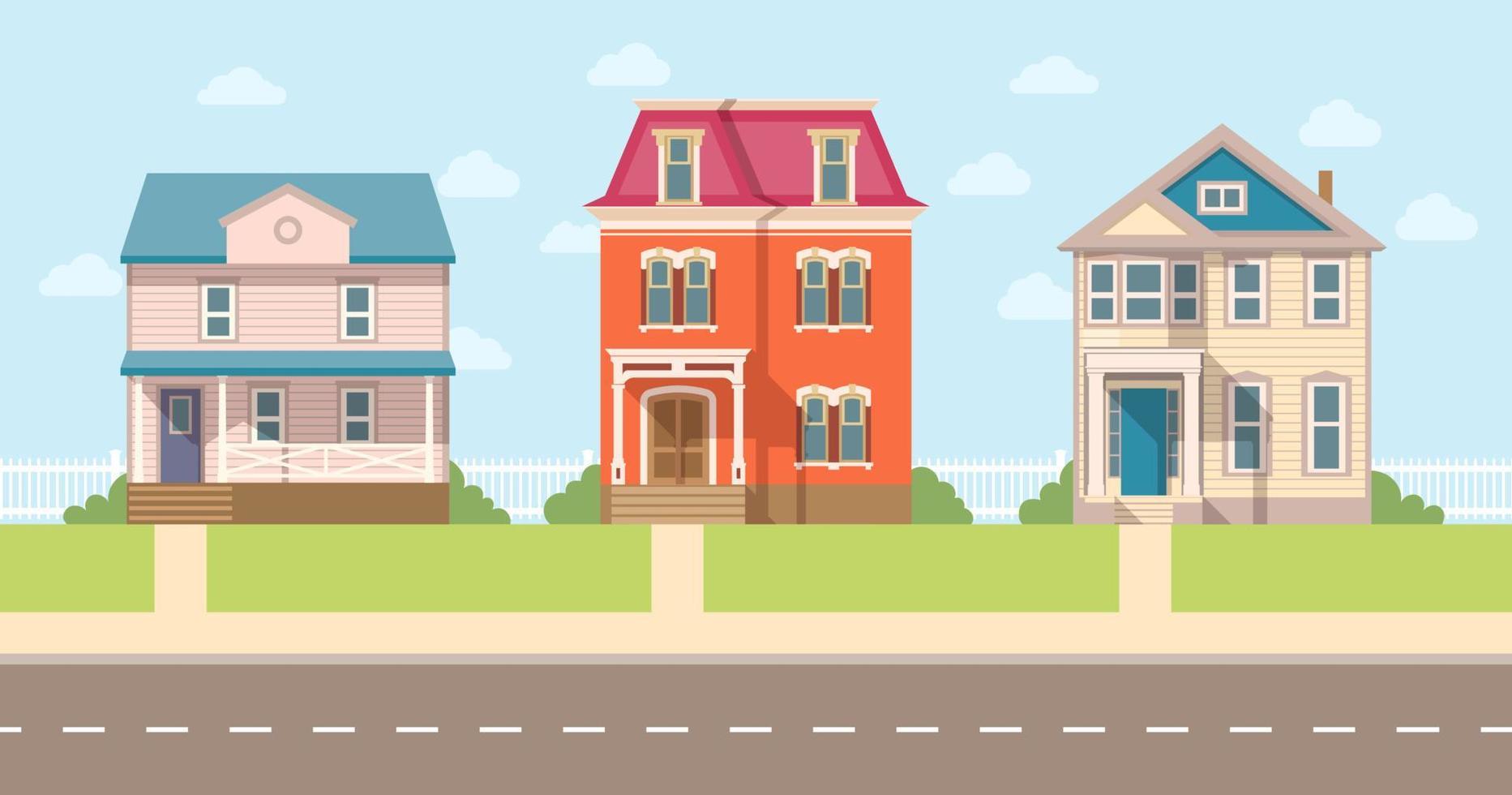 Street with two-storey private houses, prestigious suburban area. Vector clipart