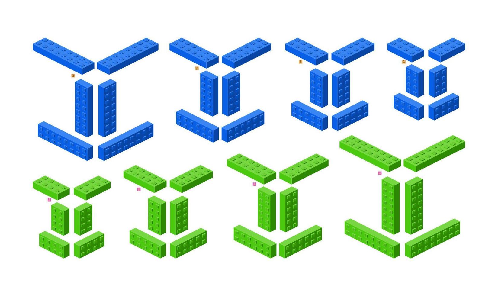 3d set of colored constructor kit in isometry. Long bricks in different colors. Vector illustration.