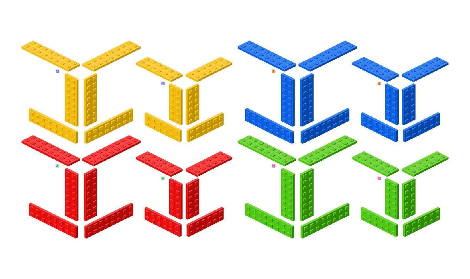 3d set of colored constructor kit in isometry. Different elements. Vector illustration.