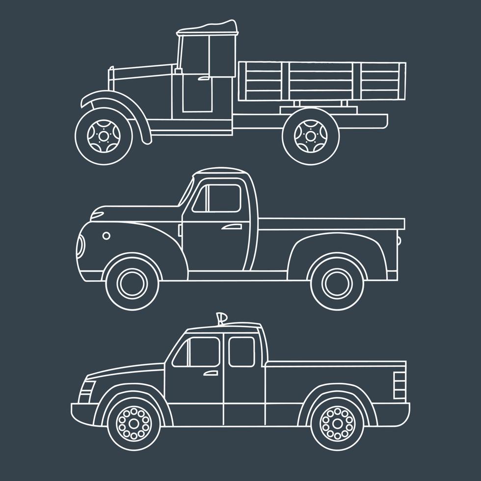 Set of vintage trucks. Linear drawing on a dark background. Vector illustration