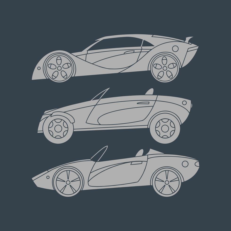 un conjunto de super coches. siluetas de luz dibujadas para imprimir. ilustración de vector de vista lateral